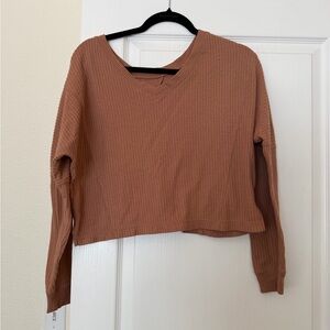Waffle-Knit V-Neck Long Sleeve Top - Rust